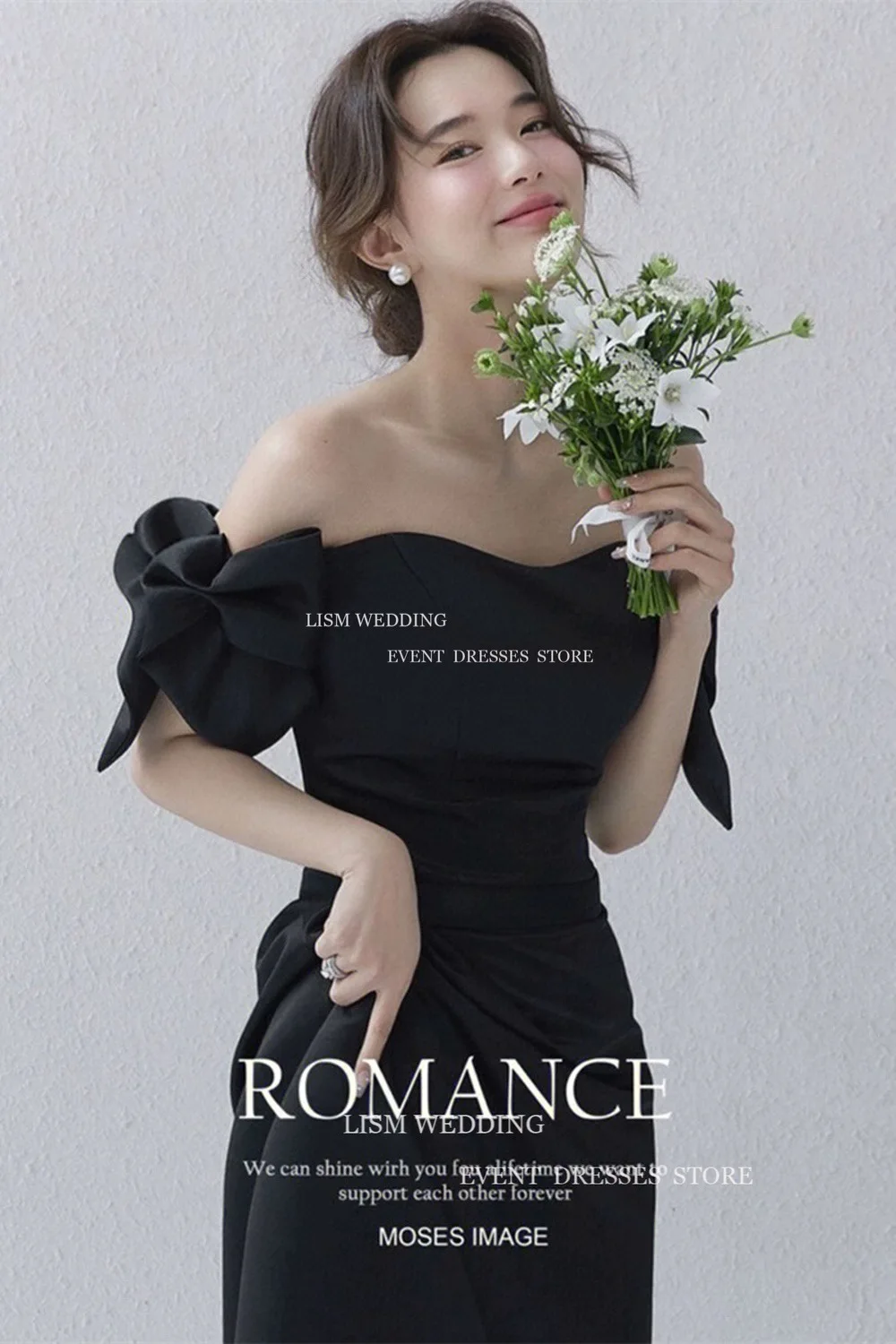 LISM Simple Black Wedding Dress Korea Photo Shoot Off Shoulder A Line Bridal Gown Soft Satin Floor Length Robe De Mariage