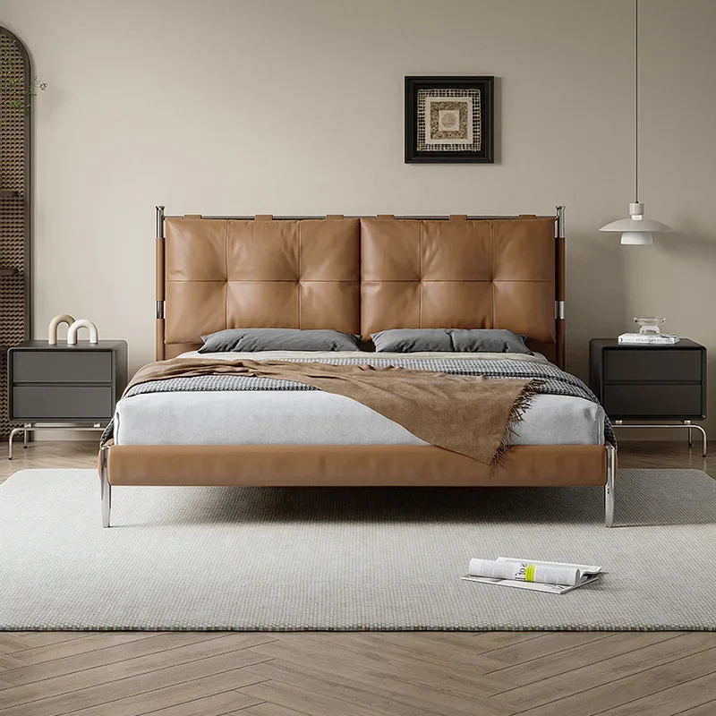 

Medieval Bauhaus bed khaki all leather bed 2024 new light luxury high-end premium master bedroom amber