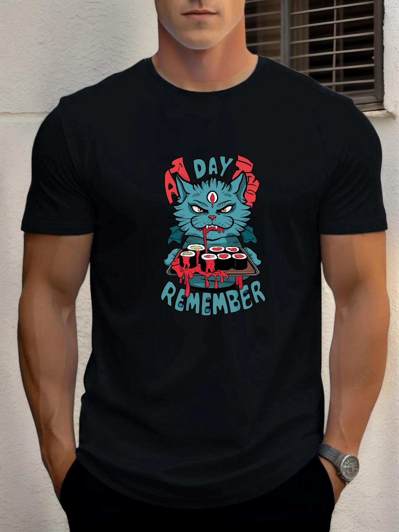 

2025 Summer Men's Cotton T Shirt Sushi Cat Trendy Print Round Neck T-Shirt Casual Breathable Street Style Daily Top