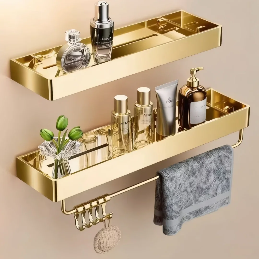 Gold Bathroom Storage Holder Wall Mounted Bathroom Organizer Holder Stainless Steel Corner Shelf Chrome Bath Shower Shelf