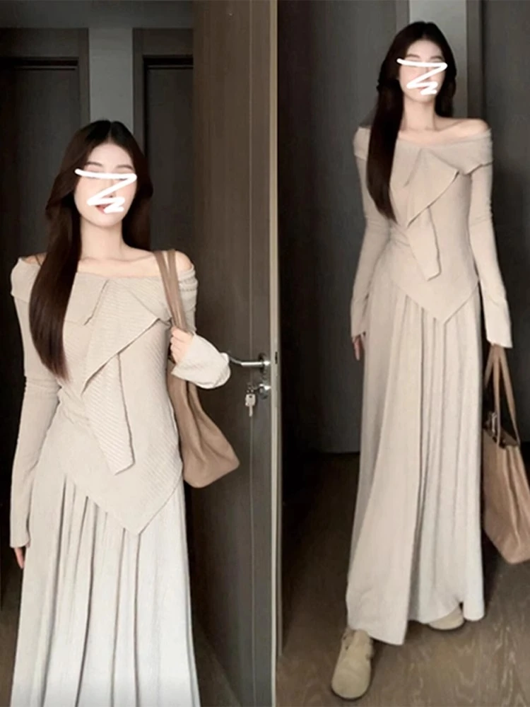 

Early Autumn 2026 New One-oulder Knitted Dr Women's Long Skirt Set Korean Sle Clete Set Faionable Women's Ensemble