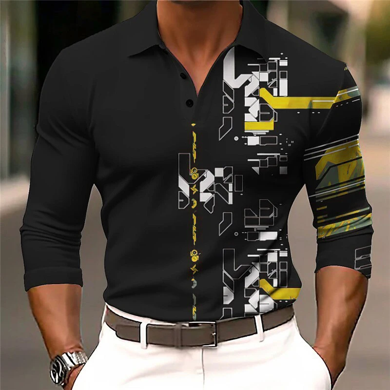 Men Fashion Button Polos T-Shirts Spring Autumn Long Sleeve 3D Printing Street Tee Casual POLO Plus Size Tops Men's y2k clothing