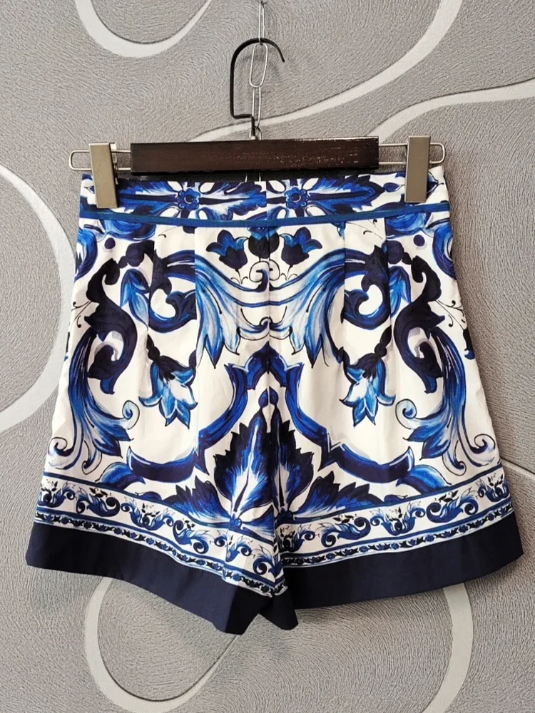 SEQINYY Sicily Shorts Summer Spring New Fashion Design Women Runway High Quality 100% Cotton Blue Flowers Print Pockets