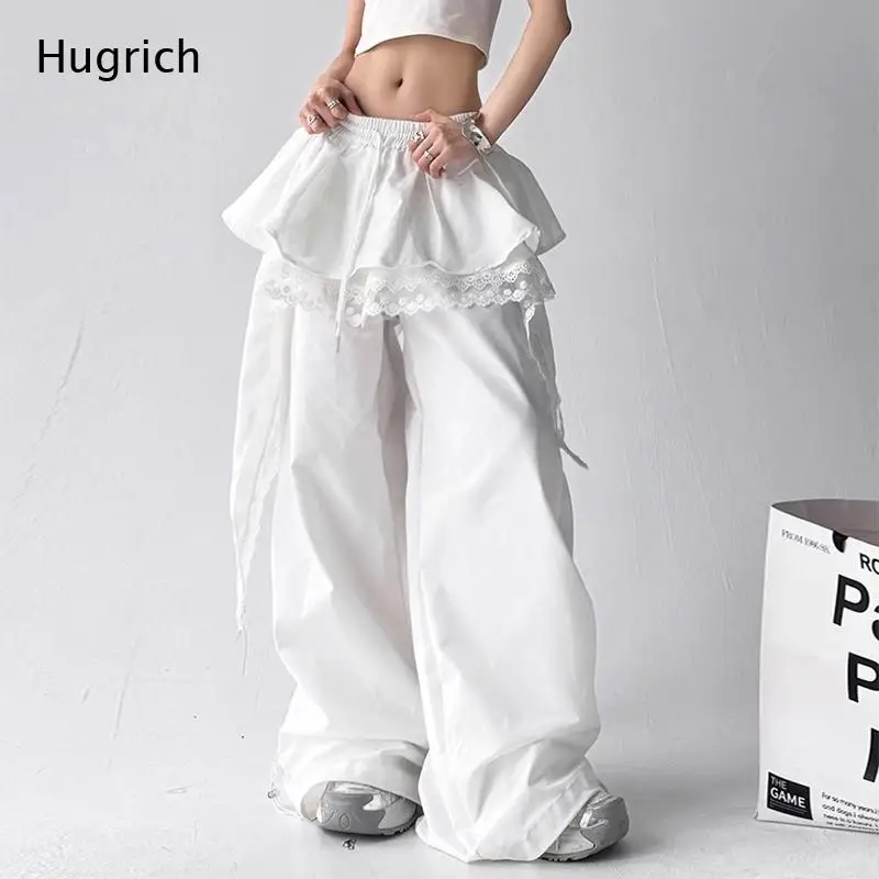Elastic Drawstring Waist Wide Leg Pants with Attached Ruffled Lace Trim Skirt Overlay Dangle Ribbon Detail Casual Trouser