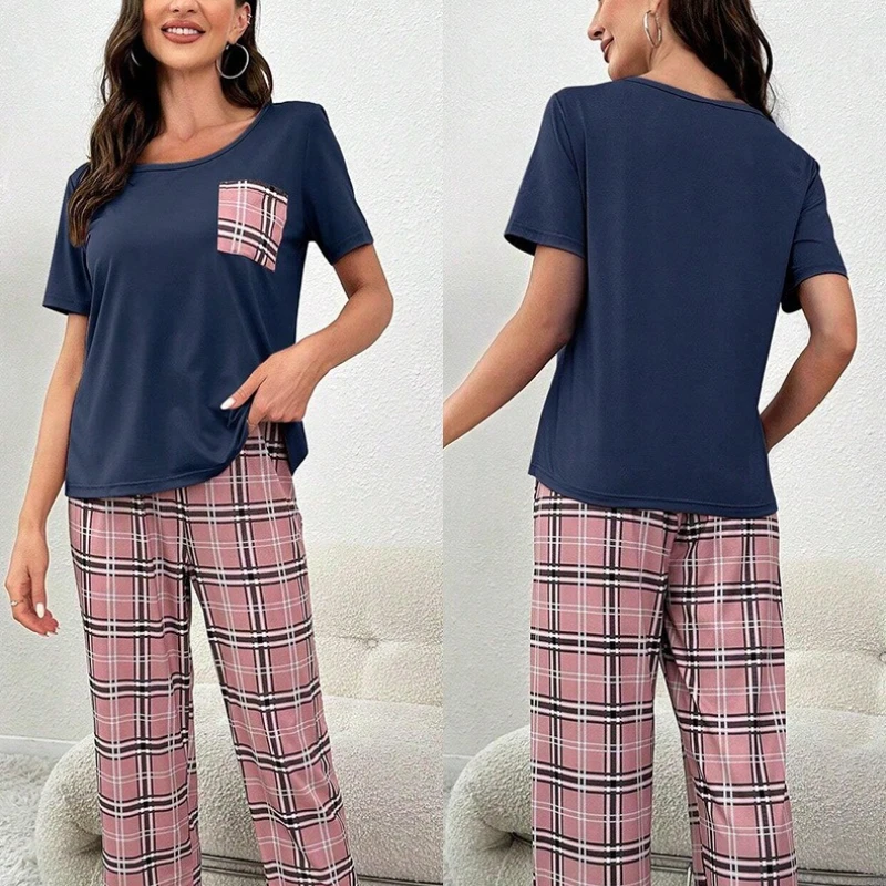 Krismile Plaid Pajama Sets for Women 2025 Summer Knit O Neck Short Sleeve Pullovers Straight Pants Homewear Loungewear Sets