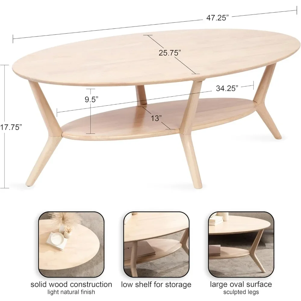 Moderne ovale salontafel uit het midden van de eeuw met opbergruimte voor woonkamerdecoratie, 48x26x18 |