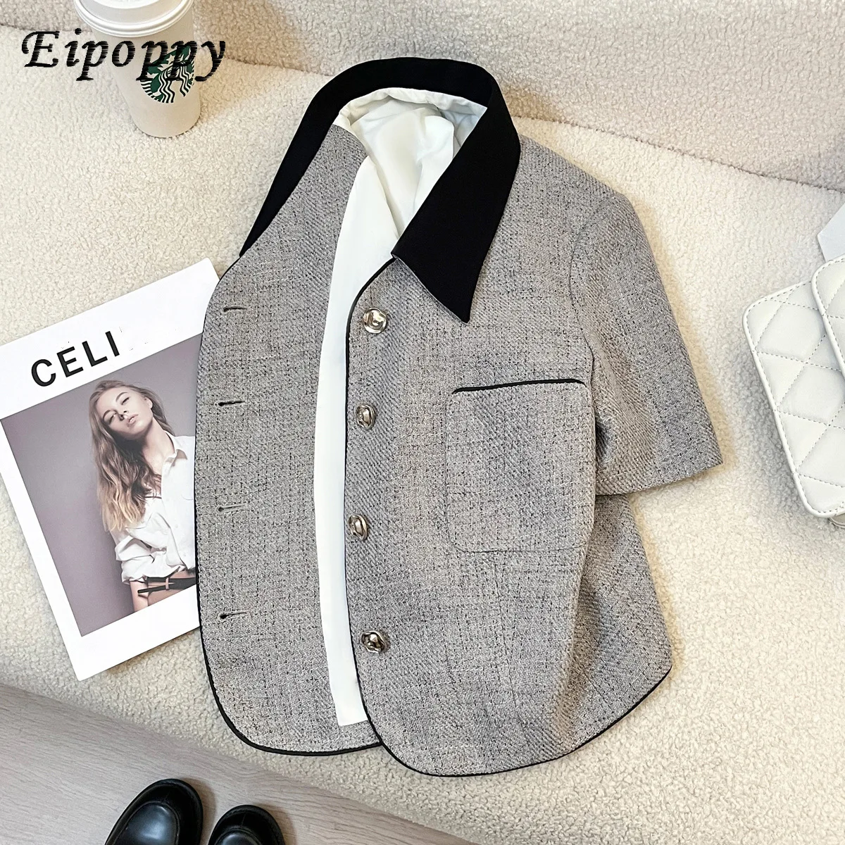 Grey short sleeved small fragrant style suit jacket for women