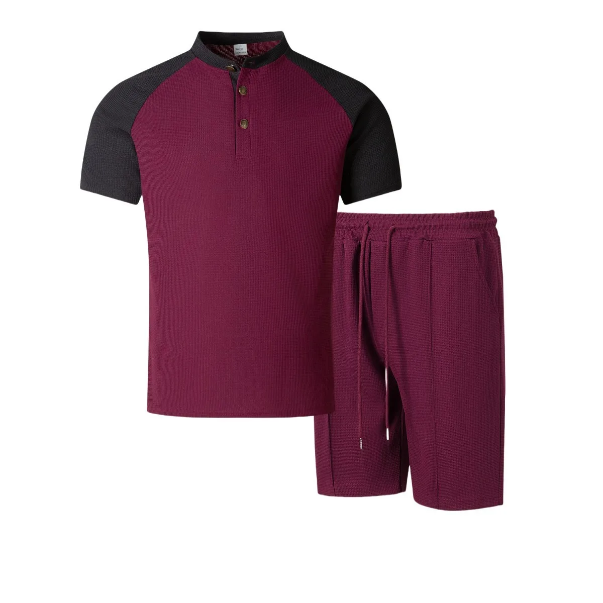 2025 summer new men's waffle lattice thin round neck with shoulder short sleeve top drawstring shorts two sets