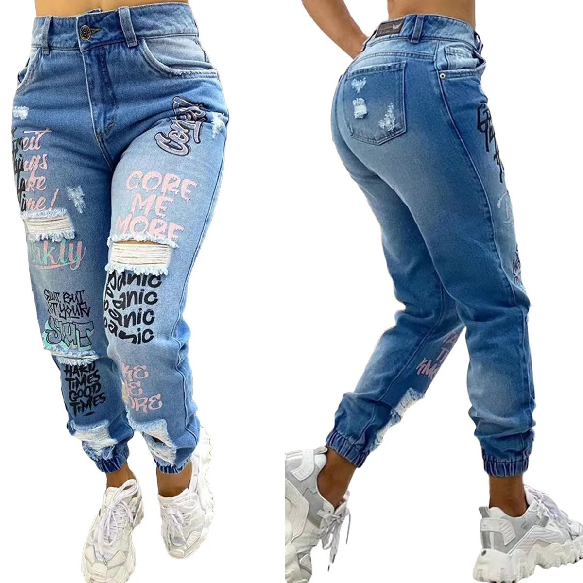 D8534   2024 New Letter Print Slant Pocket Ripped Jeans Casual Jeans Women