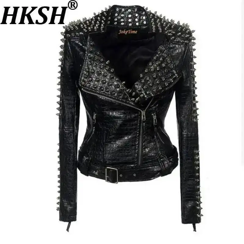

HKSH Women PU Leather Jacket High Street Trendy Rivet Zipper Design Slim Stylish Dark Y2K Long Sleeve Coat Autumn Winter HK23862