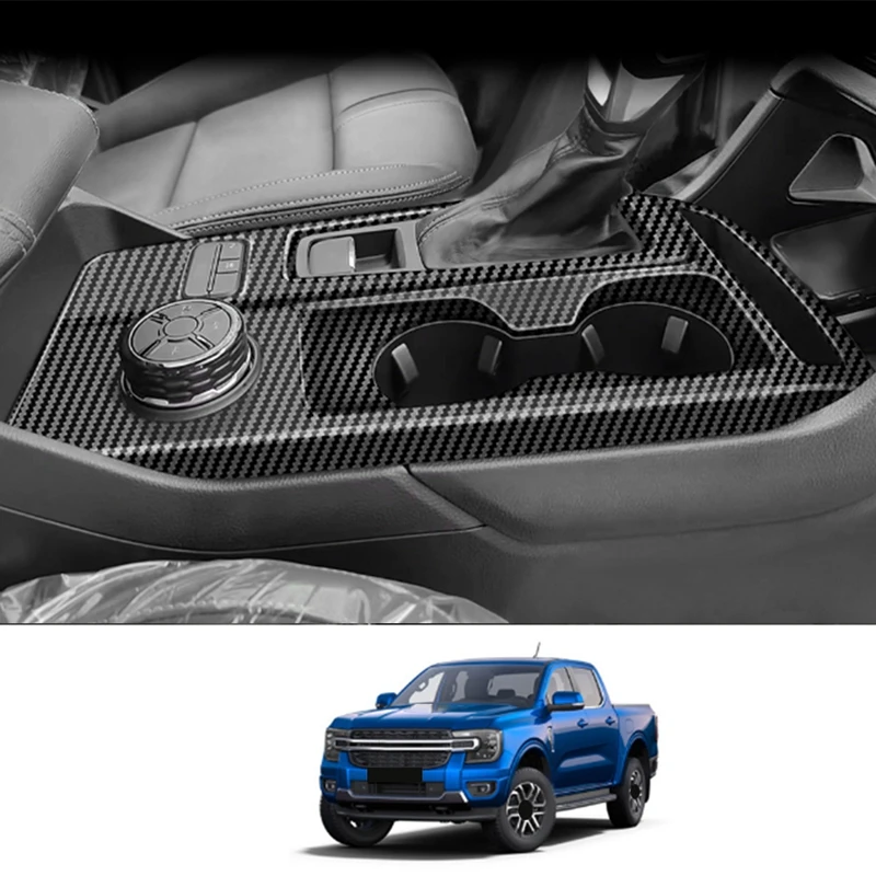 Car Carbon Fiber Style Car Control Gear Shift Panel Trim Accessories For Ford Ranger 2023+ Water Cup Holder Trim Cover