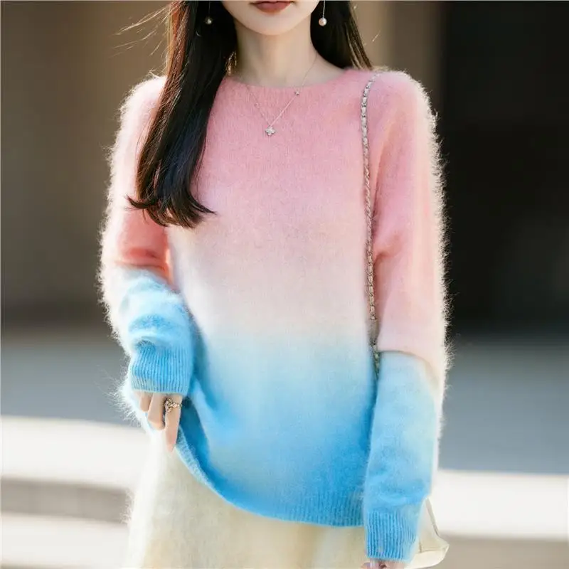 Gradually changing mulberry silk cashmere brushed seamless round neck sweater bottoming sweater