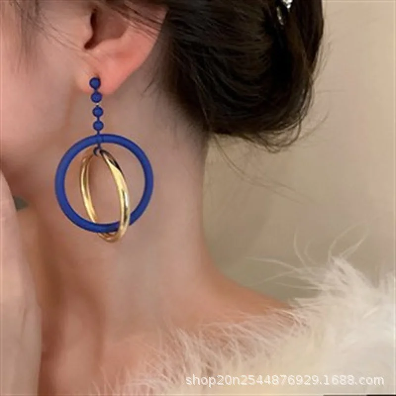 s925Silver Needle European and American Fashion Circle Cross Paint Earrings Sweet Cool Personality Exaggerated Design Hollow Stu