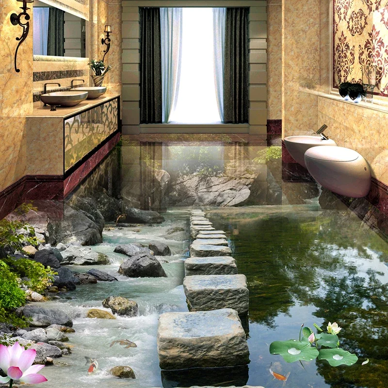Custom 3D Floor Wallpaper Small Creek Stone Pier Bridge 3D Floor Murals PVC Waterproof Self-adhesive Mural Wallpaper Home Decor