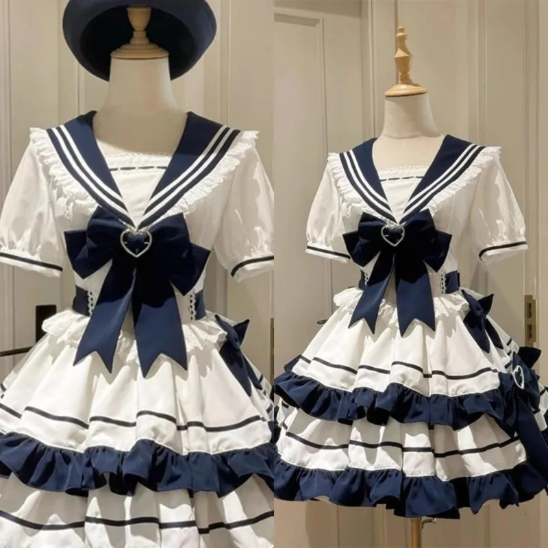 

Bow Dresses Y2K Gentle Navy Style Youth Girl Flounce Love Cake Skirt Cosplay Dress Splicing Layering Lolita A-line Dresses New