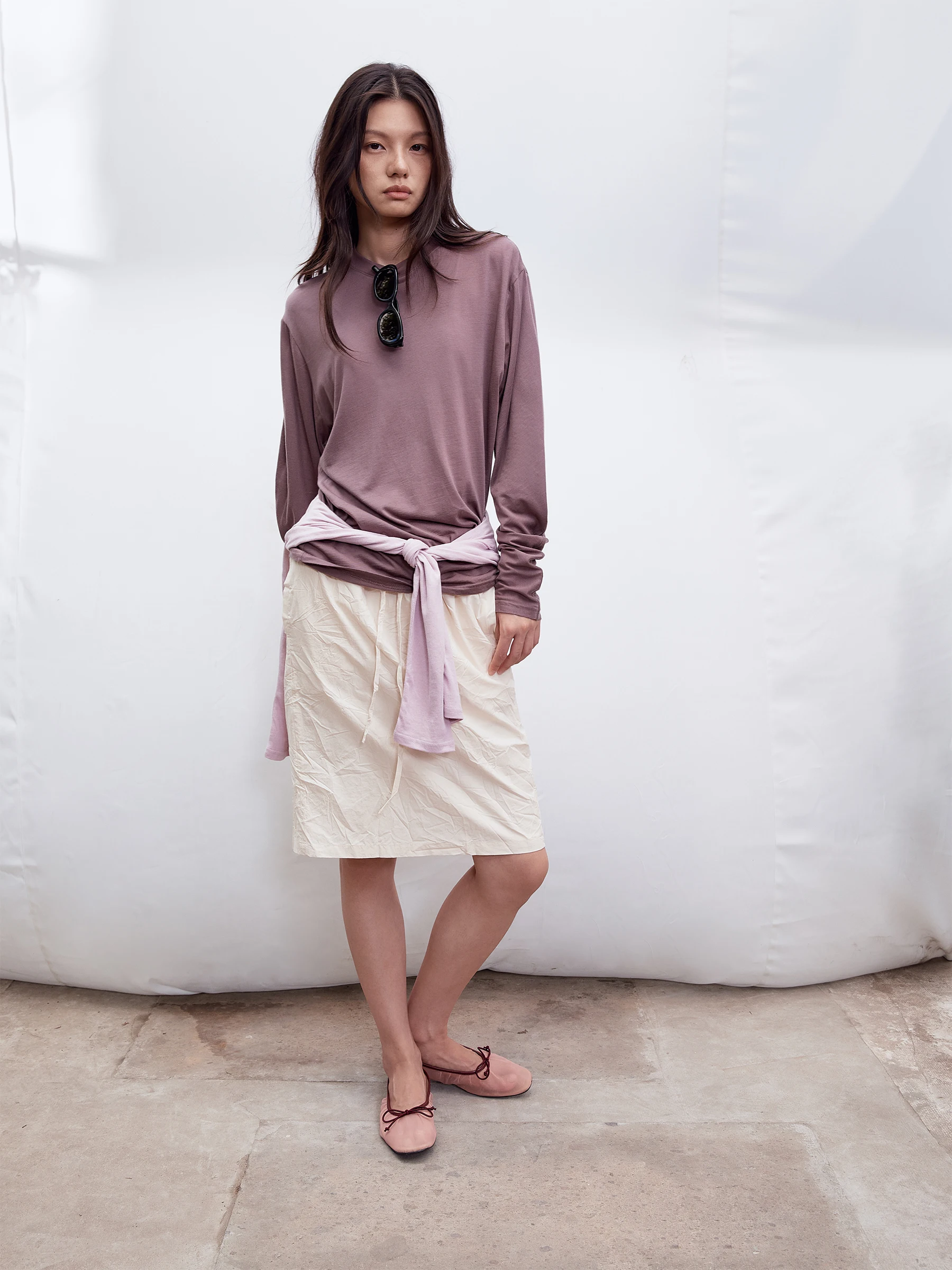 Soft Skin-friendly Long Sleeve T-shirt Wool Blend Lyocell Polyester Cotton Wool Versatile Basic SHKUCO Neutral Loose Fit roun...