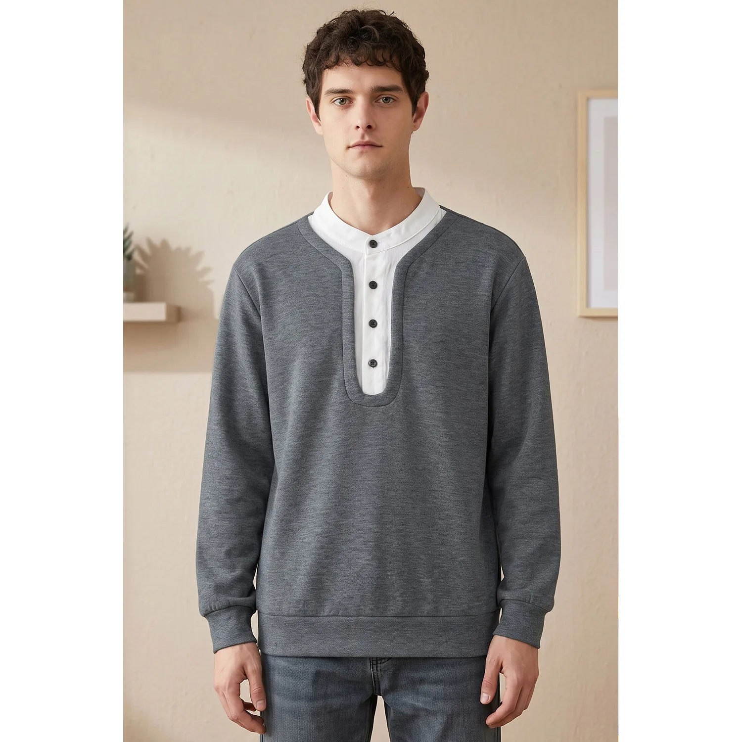 Men's Autumn Winter Fashion Vintage Splice Collar Loose Casual Commute Pullover Sweatshirts Hoodies Tops