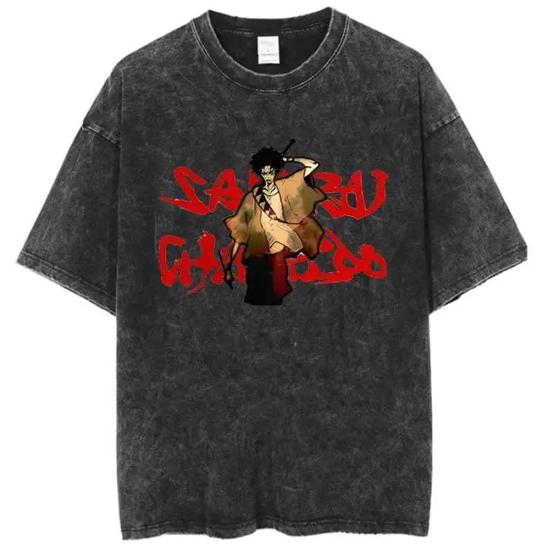 

2025 BANDAI Japanese Anime Chaos Samur Samur Champloo Retro Washed Old Short-sleeved Cotton Printing T-shirt for Men and Women