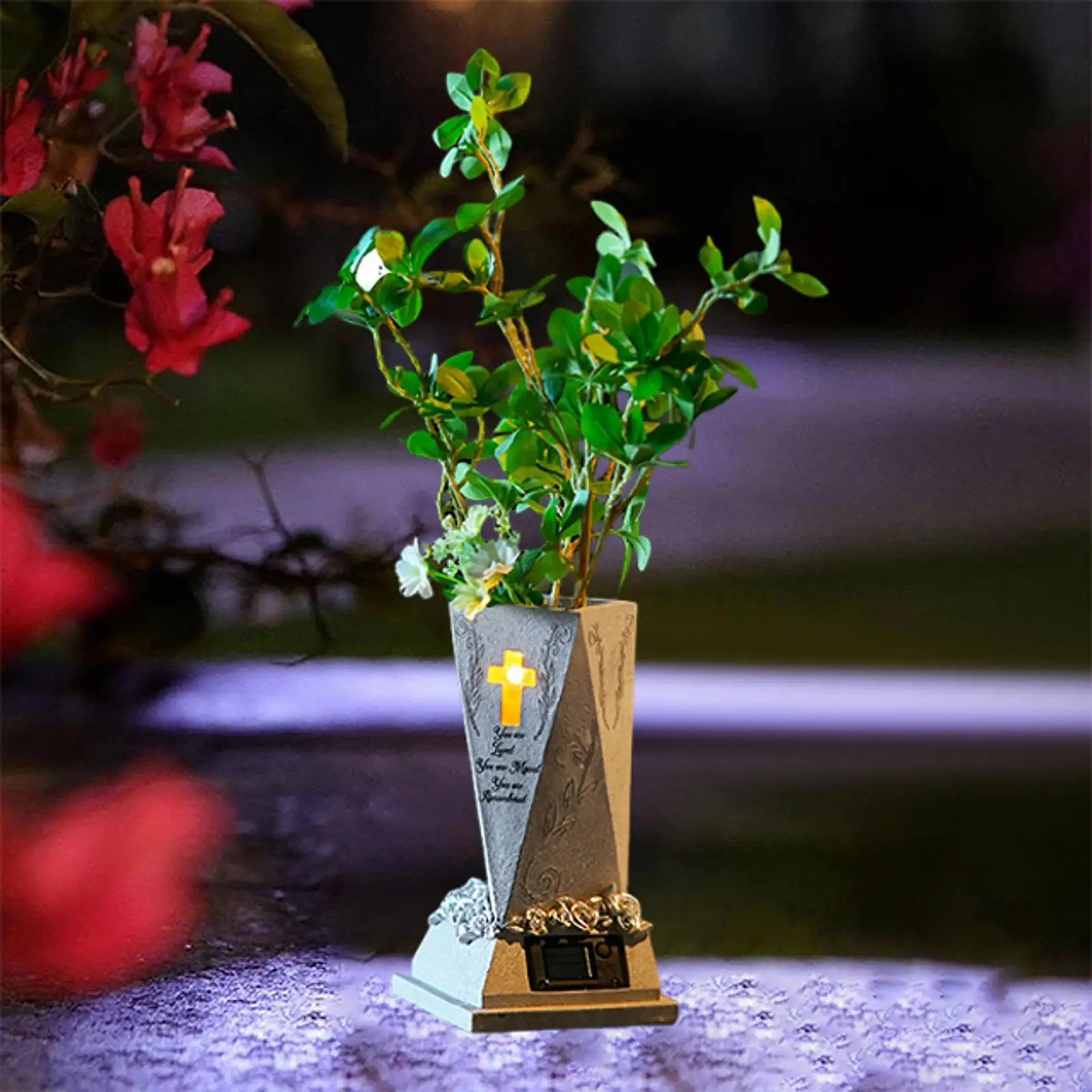 Resin Solar Cemetery Vase Ornament Solar Powered Cross Memorial Floral Holder with Drain Hole Night Light Grave Lawn Flower Vase