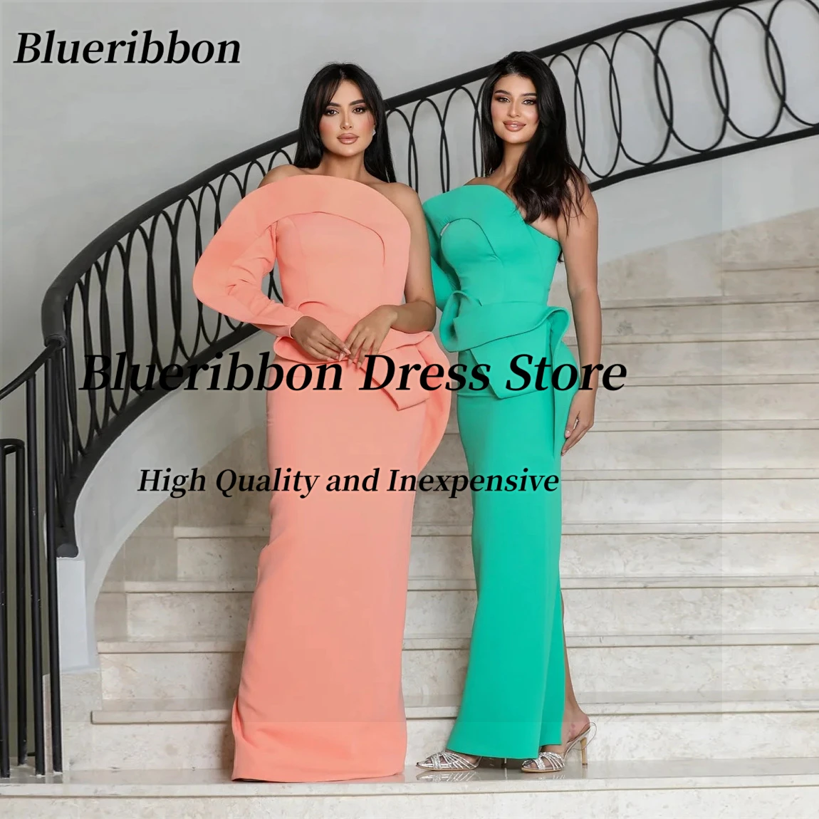 

Blueribbon Customized One Shoulder Prom Party Dresses Long Sleeve Evening Gowns Zipper Back Slit Robes De Soirée
