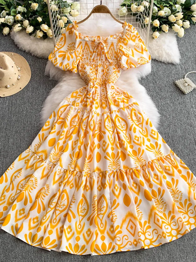 เดรสลายดอกไม้สไตล์เรโทร ทรงสี่เหลี่ยม แขนยาว สำหรับผู้หญิง ฤดูร้อน รุ่นใหม่ ทรงเข้ารูป กระโปรงทรงเอ เอวสูง ความยาวปานกลาง