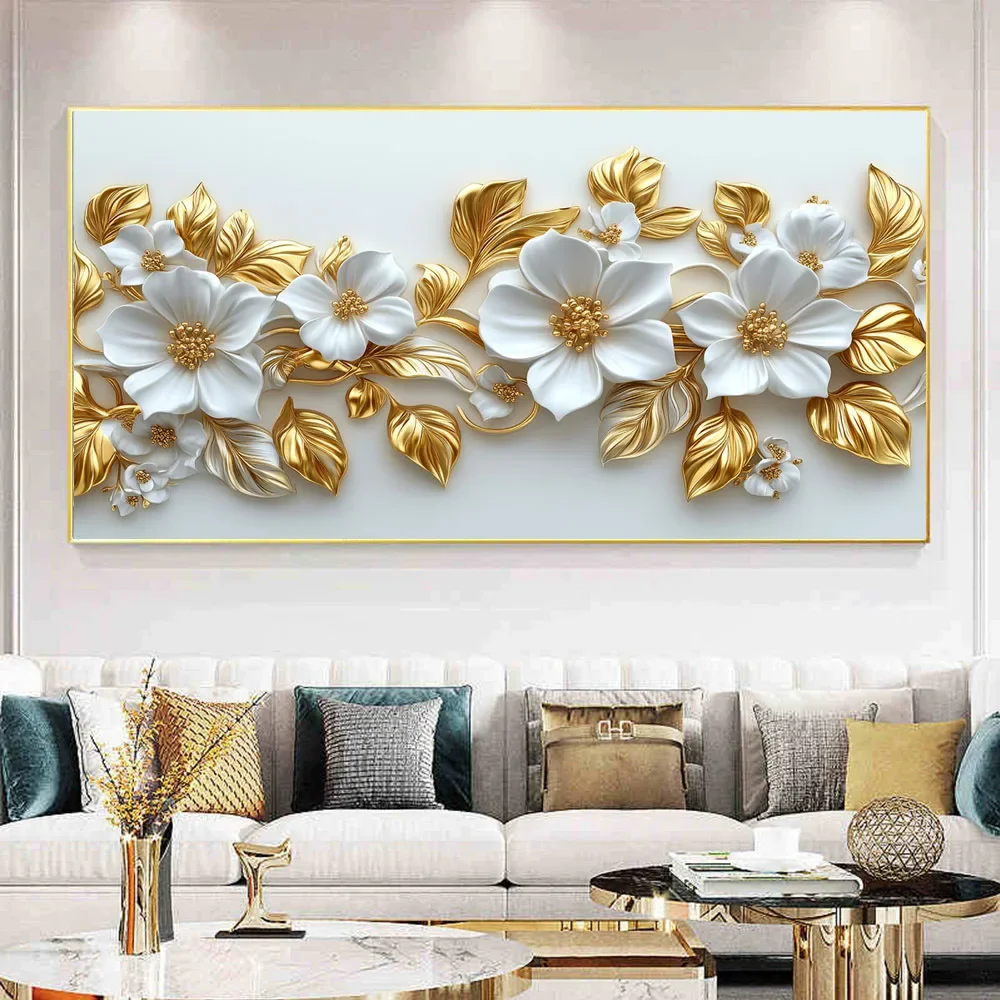 Frameless Canvas PaintingElegant 2D Flat White Flowers Canvas Painting, Print Posters,Wall Arts Decor Painting,Home Living Room