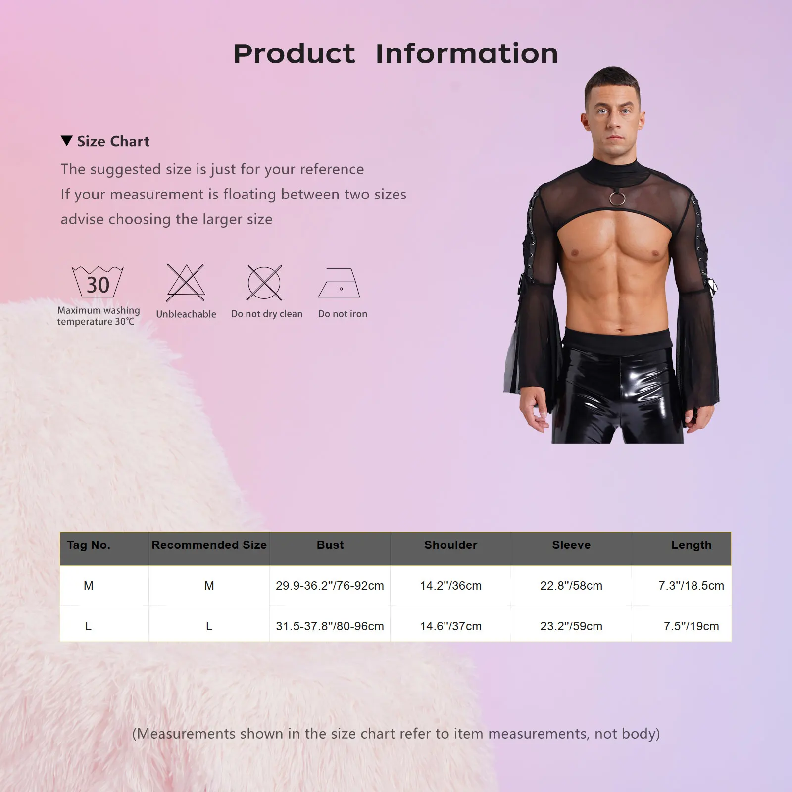 Mens Gothic Punk Flare Sleeve Crop Top See-through Mesh Shrug Mock Neck O-Ring Lace-up Tops Rave Theme Party Cosplay Clubwear