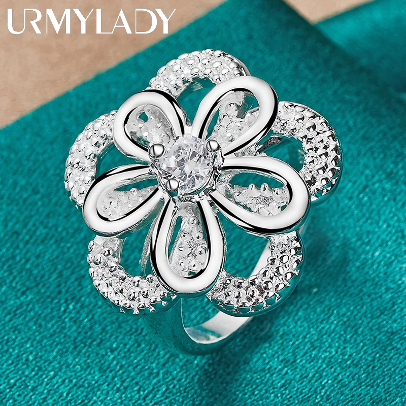 URMYLADY 925ดอกไม้คู่ Zircon 7-10 # แหวนสำหรับหมั้นแต่งงานแฟชั่นปาร์ตี้เครื่องประดับ