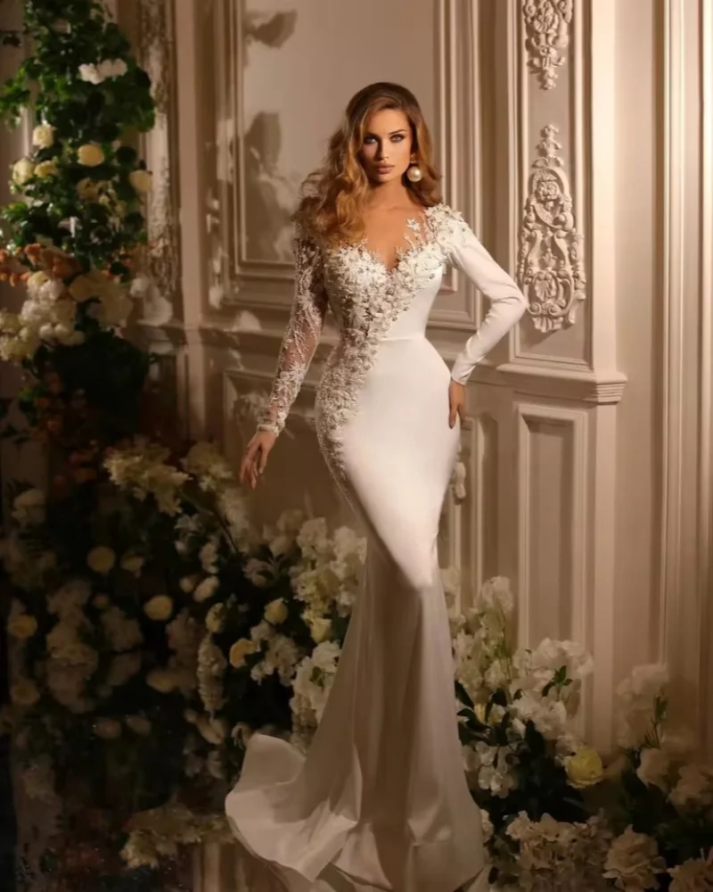 

Women Satin V Neck Mermaid Wedding Dresses Long sleeves Pearls Bridal Gowns Embroidery Detachable Overskirts Customized