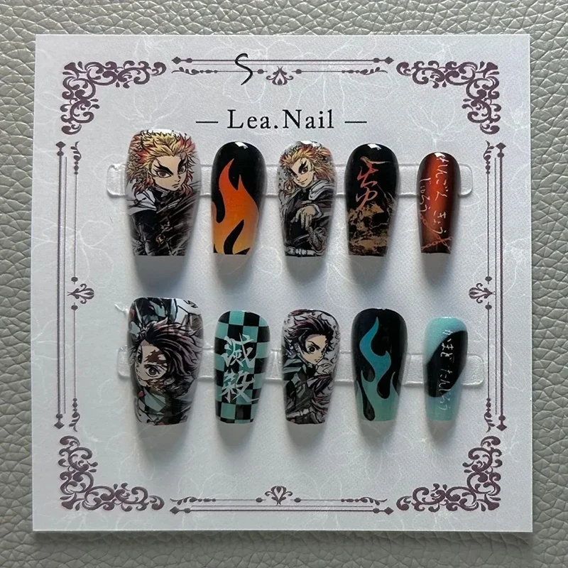 Fatto à la main mignon hautement détaillé japonais Anime eau et feu Hashira portable press-on ongles-flame à carreaux Cosplay pour les fans