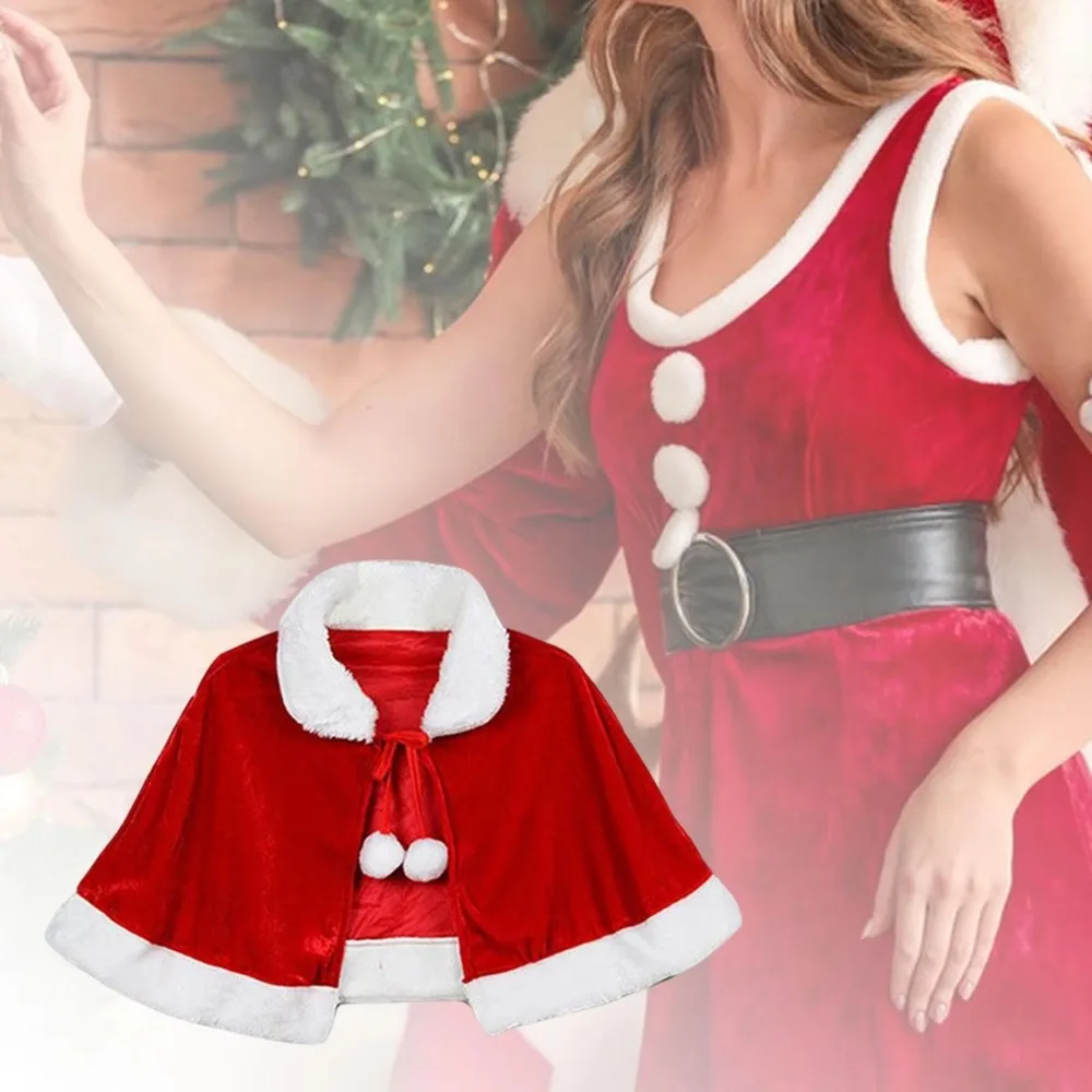 Winter Red Velvet Cape Cloak Santa Claus Costume Women Girl Christmas Shawl Dress Decoration Party Costumes New Year Gifts