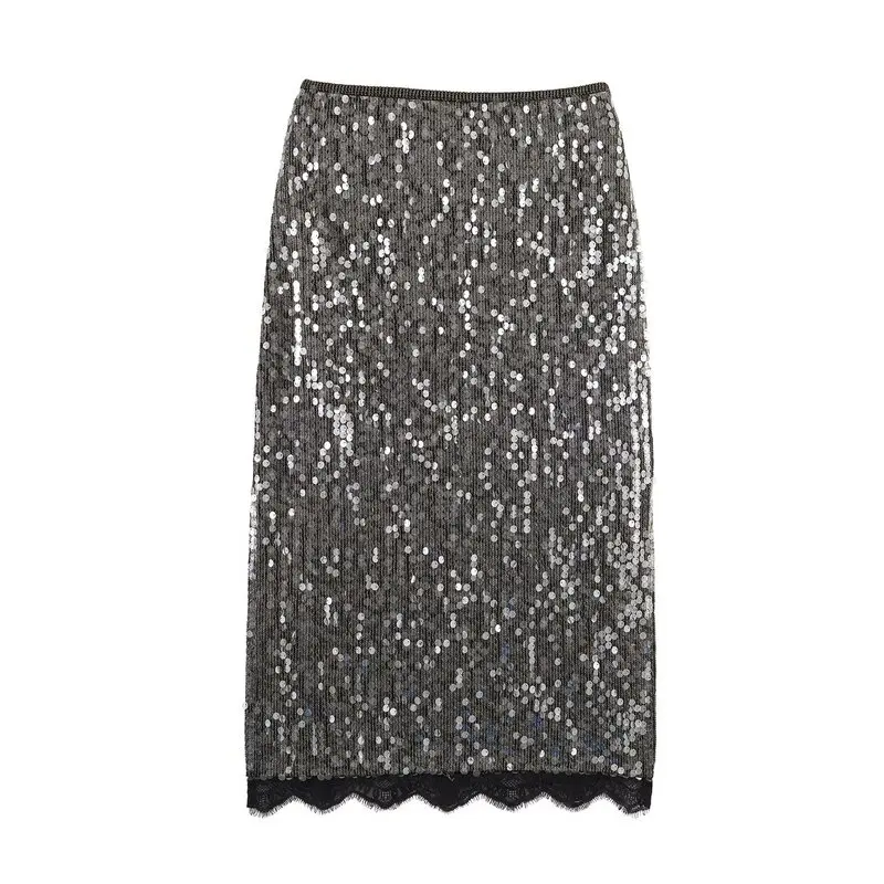 Winter 2025 Mid-Length Lace Half Skirt Women's Design Sensation Bead Sequin Embellished Straight Cut City Commute Style