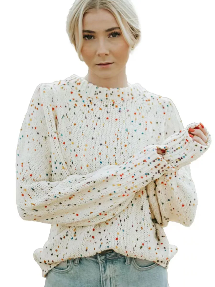 เสื้อไหมพรมถักลายจุดทรงหลวมใส่สบายสำหรับผู้หญิง รุ่นฤดูใบไม้ร่วงปี 2023