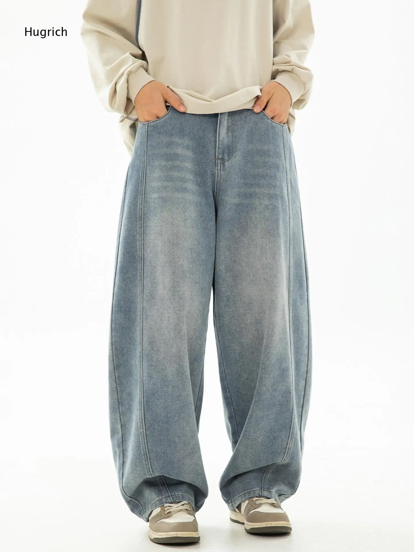 

Vertical Seam Stitch Light Wash Balloon Jeans Hip Hop Skate Mens Loose Curved Wide Leg Denim Trousers