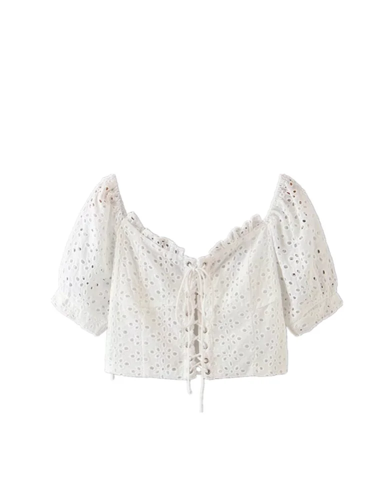 Blusa Corta de Moda Urbana con Mangas Abullonadas y Bordado Dulce, Estilo Vacacional, para Mujer, con Cuello Cuad y Diseñ...