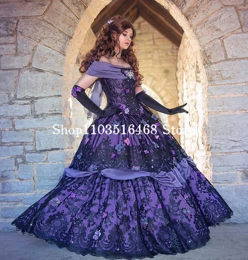 Vintage Gothic Victorian Prom Dress Grape Purple Fairy Princess Belle Floral Embroidered Lace Ruffles Masquerade Cosplay Evening