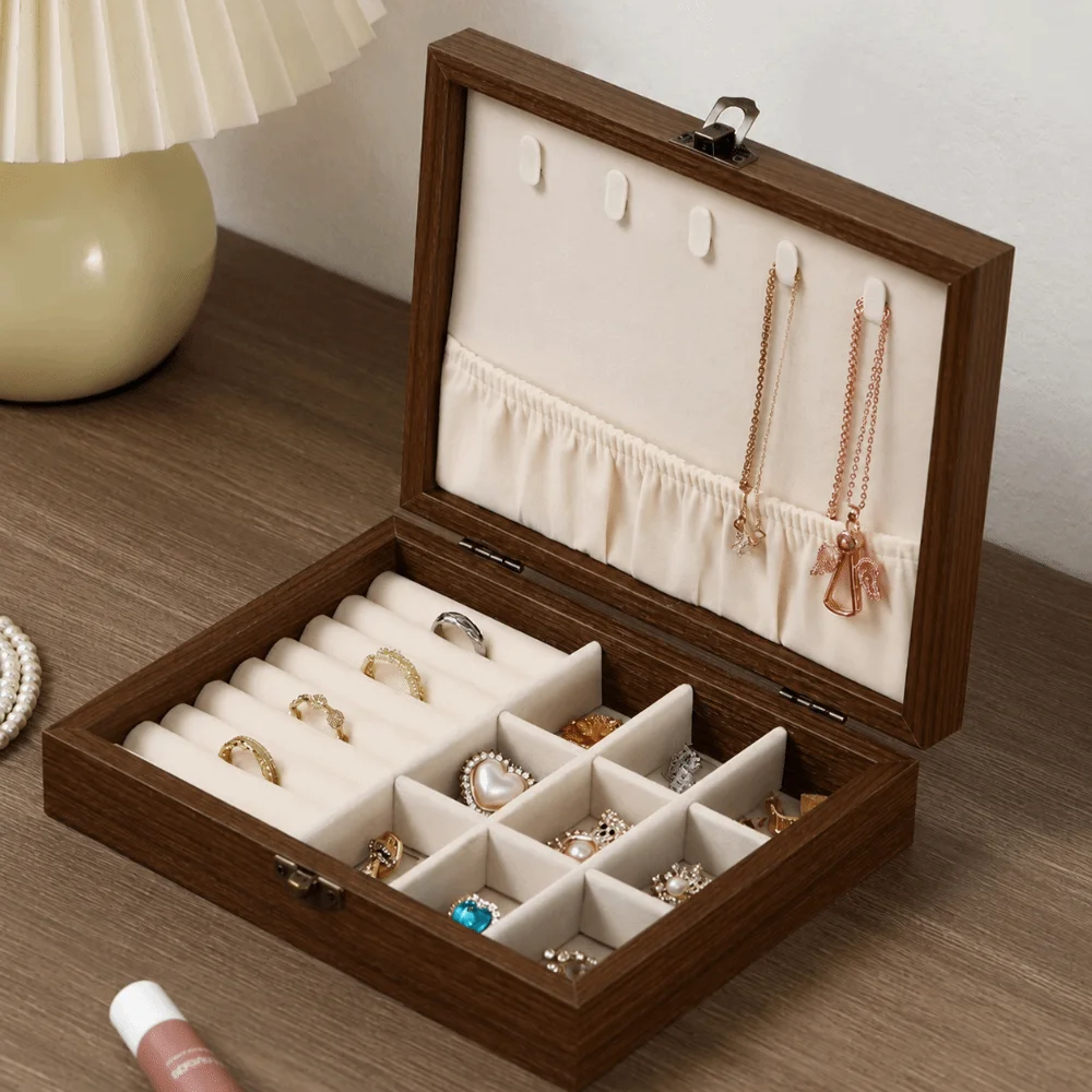 Walnut Wood Jewelry Organizer Box Velvet Interior Hinged Lid Necklace Hanging Panel Dust-Proof Removable Divider