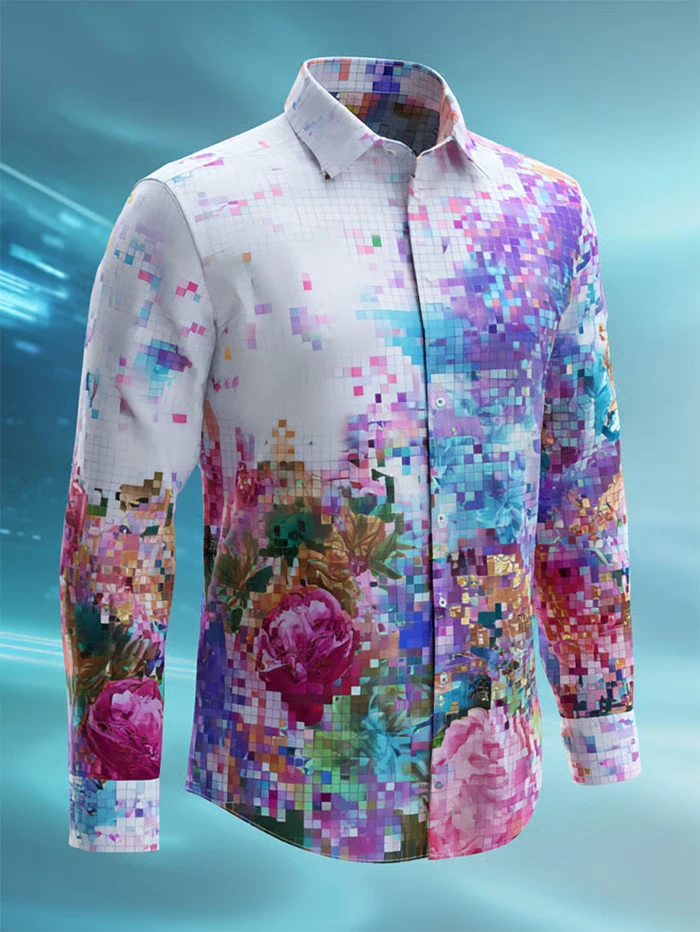 Christmas holiday men's long-sleeved shirt with mosaic floral print, button-down, suitable for parties and everyday wear.