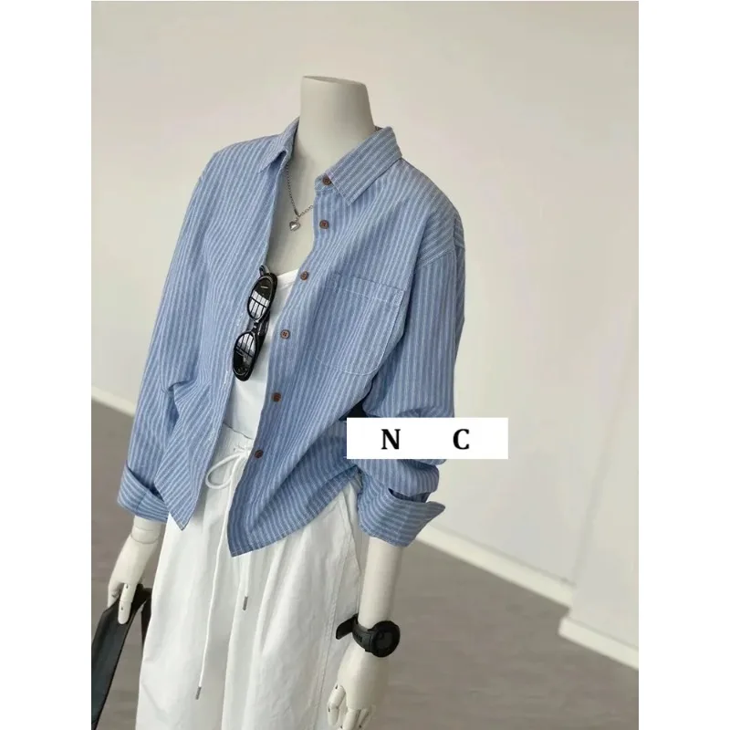 

Women's Striped Button Down Shirt Light Blue White Striped Button Up Long Sleeve Chest Pocket Casual Shirt