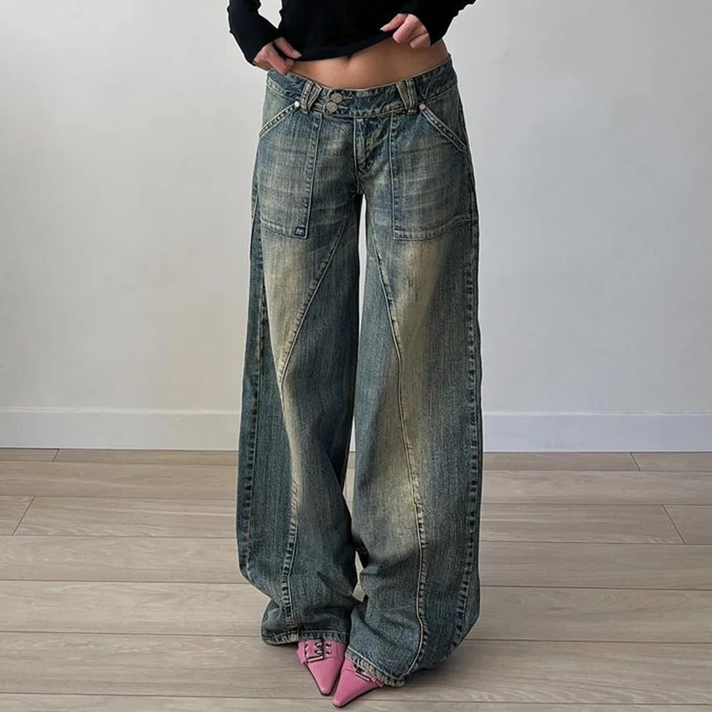 BIIKPIIK Jeans larghi lavati vintage Pantaloni denim casual per donna Tasche streetwear Pantaloni dritti Abbigliamento fondo estivo