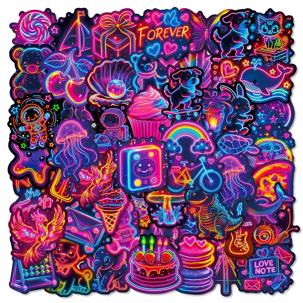 10/30/56pcs Funny Creative Neon Light Stickers Cute Cartoon Animals Cake Sticker Water Bottle Phone Suitcase Car Decals Toy Gift