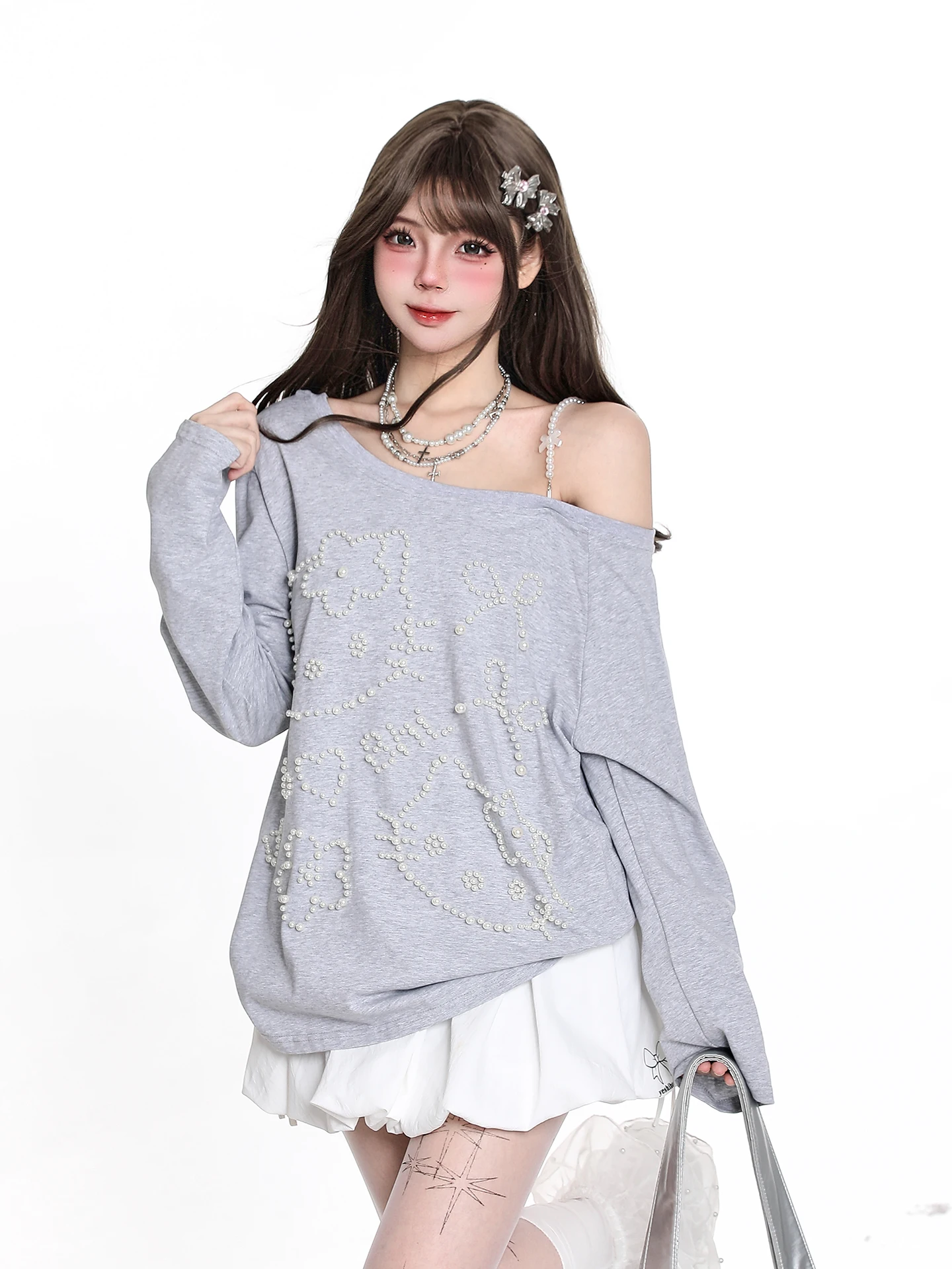 

Корейский комплект Sle Pearl Embellied Kit Long Sve, женская футболка ранней осени, свободный повседневный топ с колючками