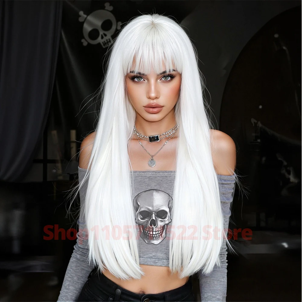 Long Straight White Synthetic Wig with Bangs For Women For Daily Use Halloween Costume Party Cosplay Christmas Heat Resistanta
