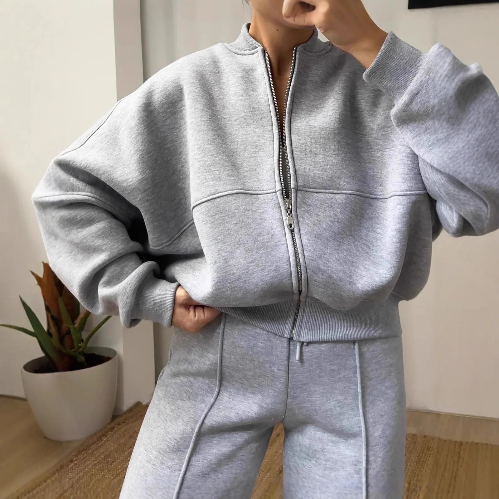 2025 neue Mode Zipper Strickjacke + Breite bein Hosen Zwei-stück Sets frauen Winter Beiläufige Lose Tops Hosen anzug Für Frauen