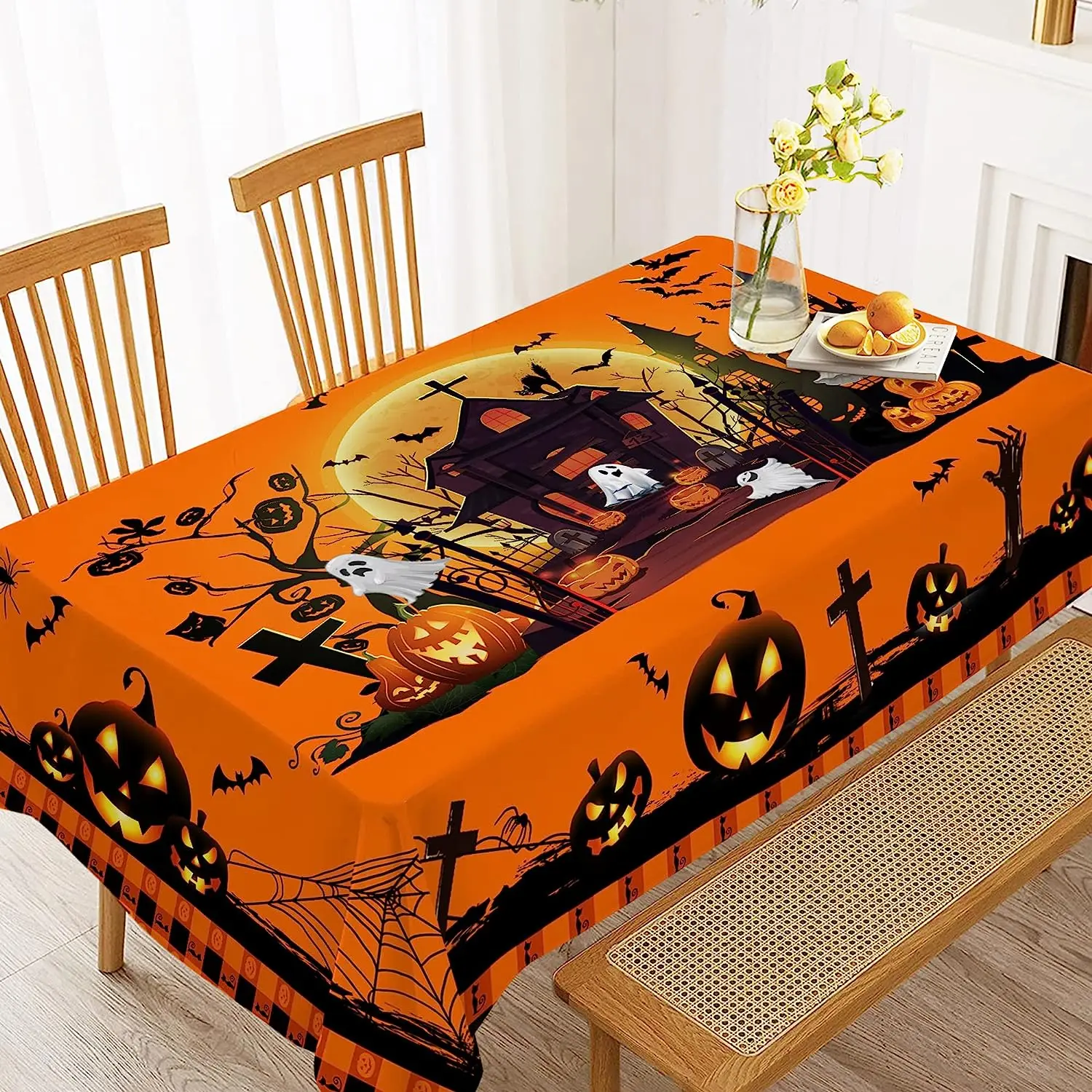 Halloween Rectangle Table Cloth, Halloween Castle Ghost Washable Ron Tablecloth for Family Dinner Party Outdoor Picnic Mats