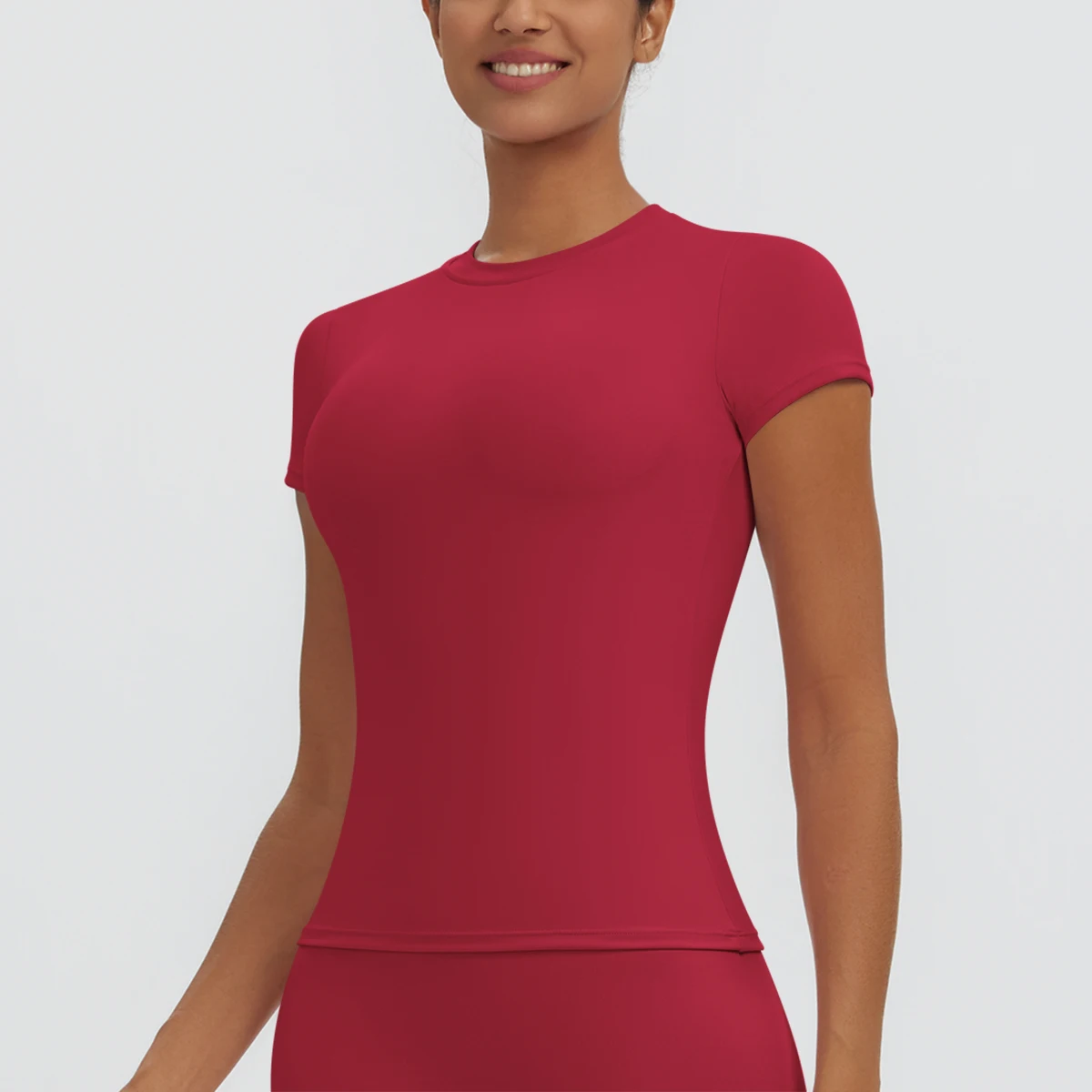 Hochelastisches, schnelltrocknendes, einfarbiges Yoga-Kurzarm-T-Shirt für Damen, Workout-Oberteil, schmal geschnittenes, lässiges Sport-, Lauf-, Fitness- und Yoga-T-Shirt. – Detail 37
