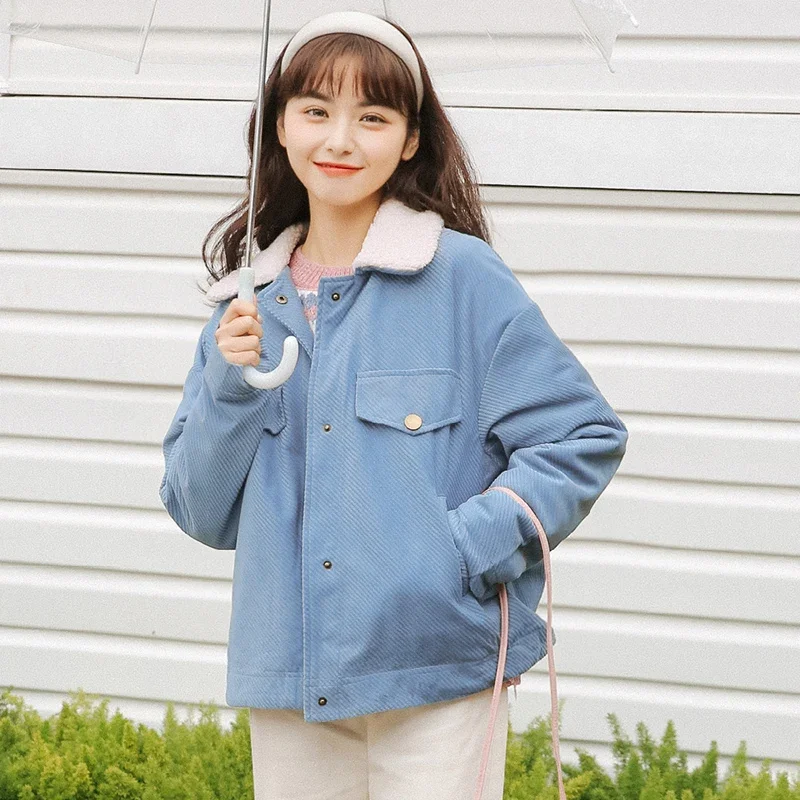 Parka da donna Velluto a coste Ulzzang Lana d'agnello Colletto rovesciato Cappotti Addensare Femme Bella Doudoune Accogliente monopetto Dolce Studenti