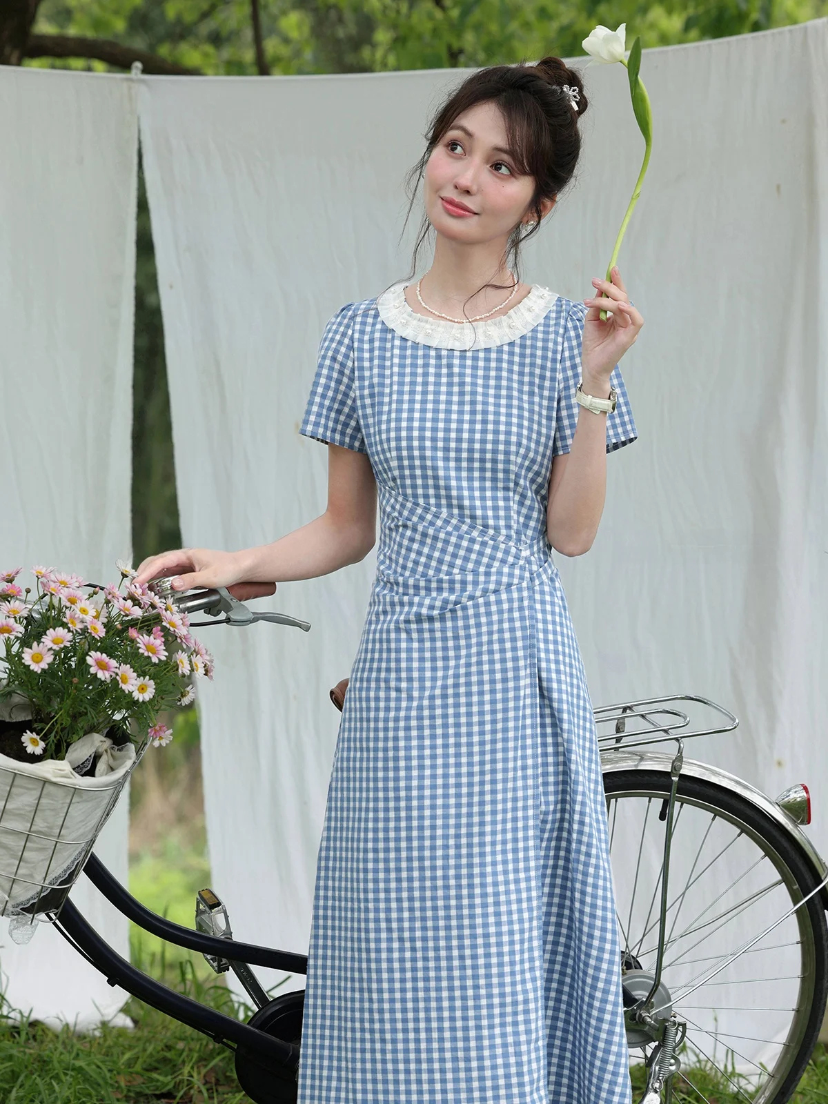 Été bleu Plaid rond Ne femmes Dr aped taille conception sel lait id jupe trapèze ort Sve longue Dr fermeture éclair Clo...