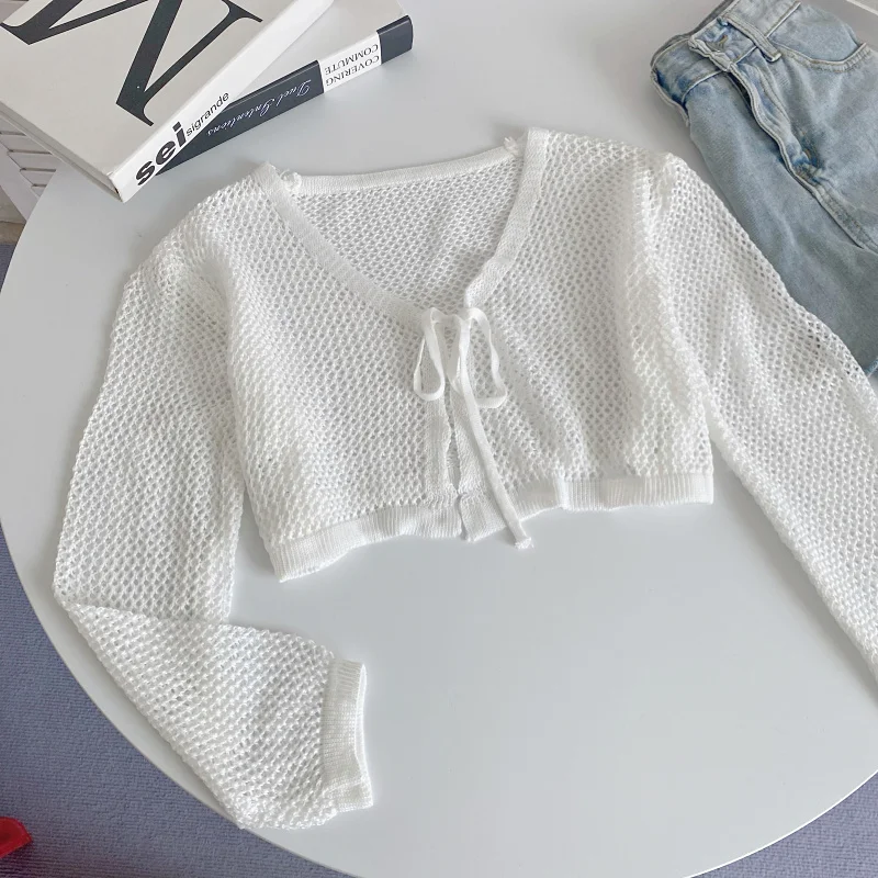 Laço frontal colheita topo manga longa pura malha aberta cardigan blusas cobrir verão primavera feminino adolescente y2k 90s outfit