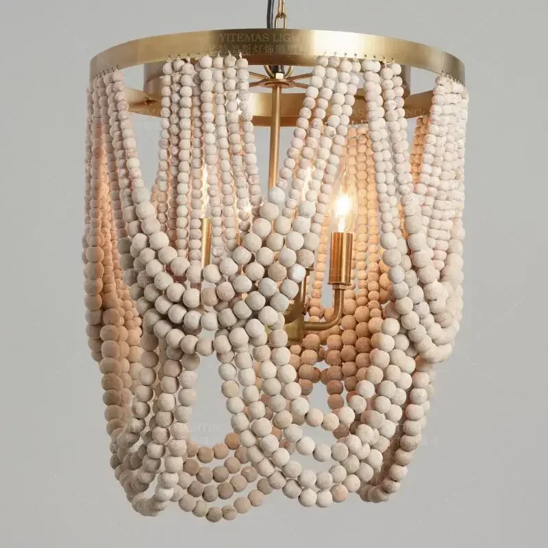 Gold Chandelier Wooden Beaded Lighting Fixture Fringe Hanging Light Kitchen Baby Kids Room Foyer Bedroom Dining  Wood Lamp